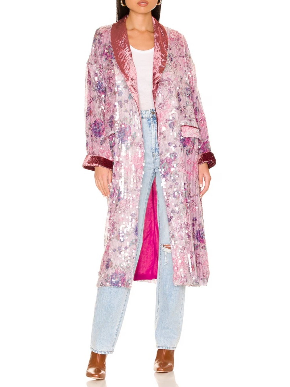 NWT Free People Kealey Velvet Sequin Duster Kimono in Pink Floral Combo Sz. XS